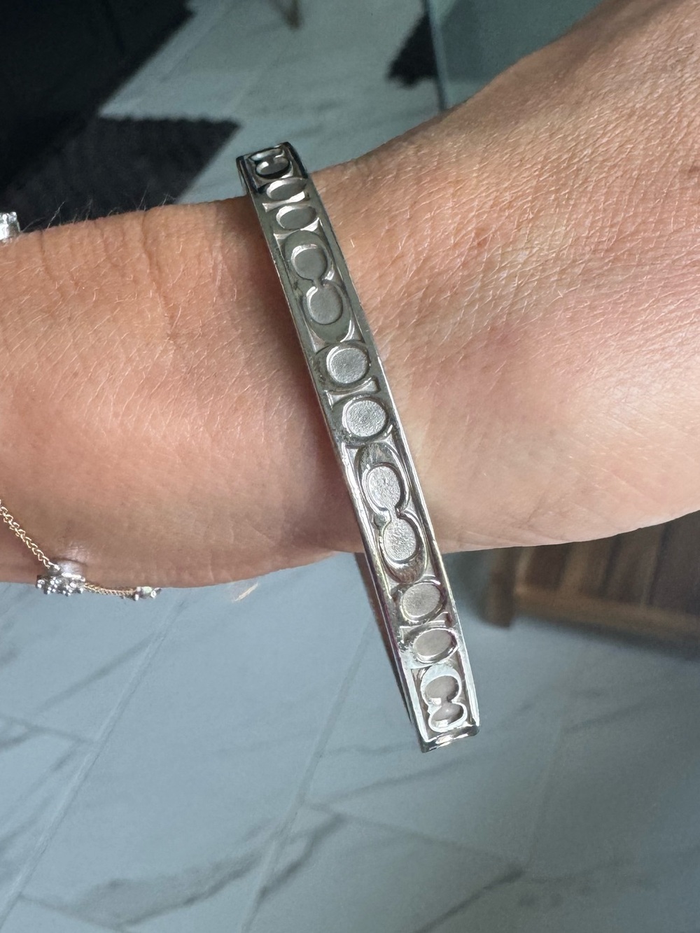Coach Sterling Silver Patterned Bangle Bracelet - Silver